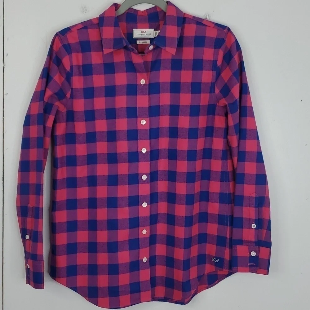 Vineyard Vines Relaxed Carmel Buffalo Check Performance Flannel Womens 4 Cotton